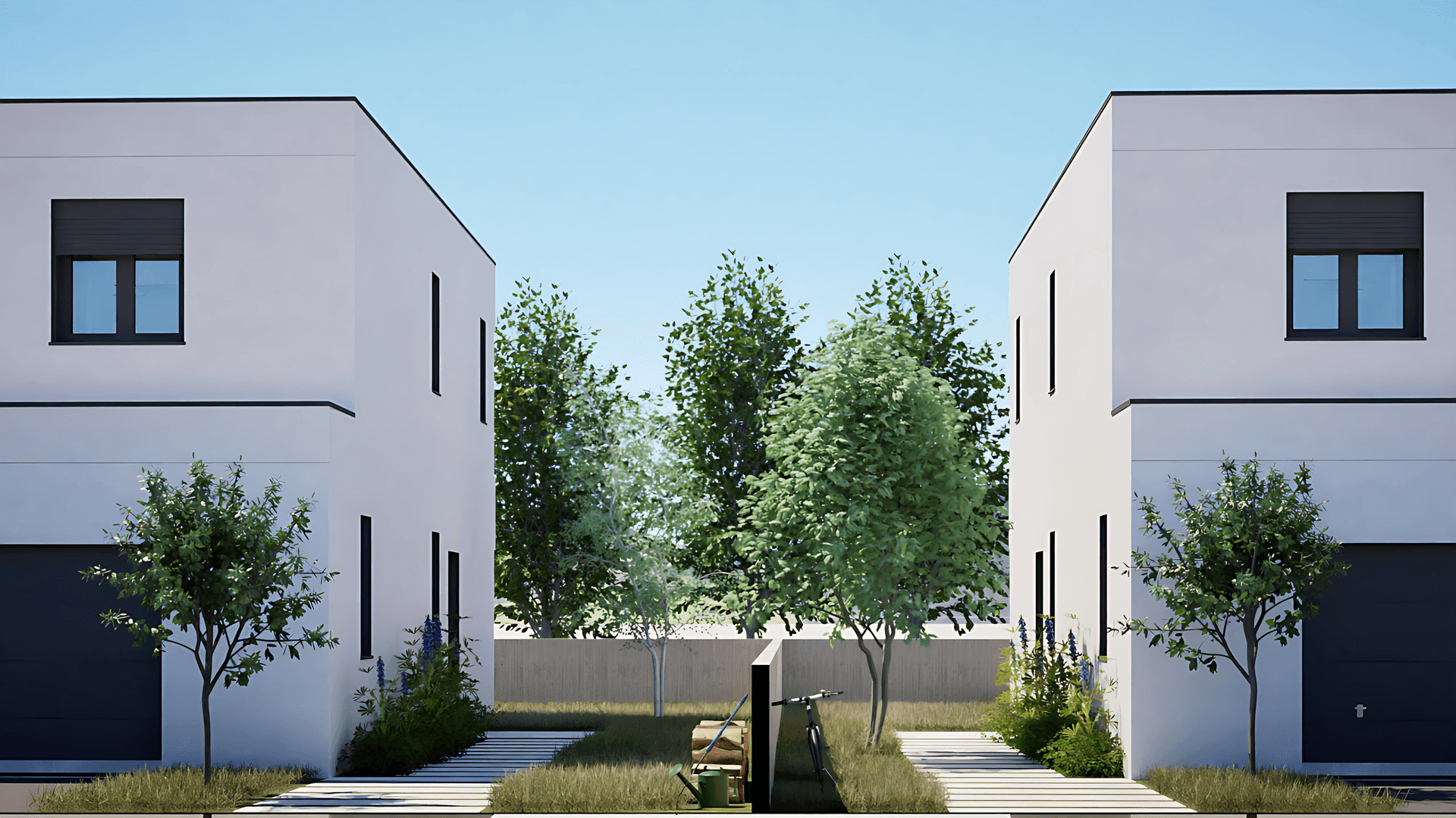 Modern white duplex with black windows, surrounded by trees and greenery, under a clear blue sky.