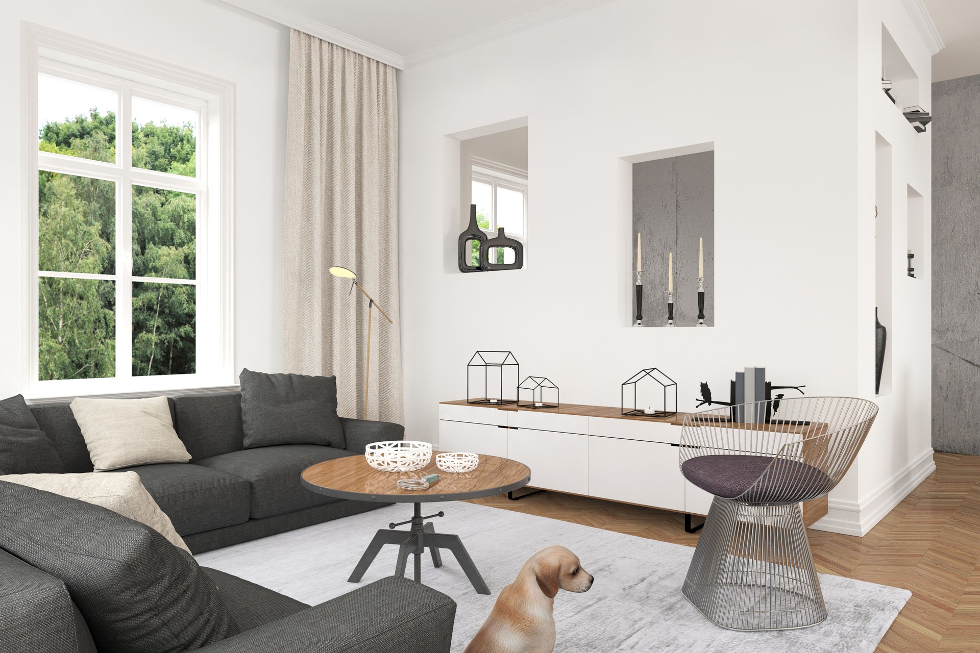 Moderna sala de estar con sofá y sillones